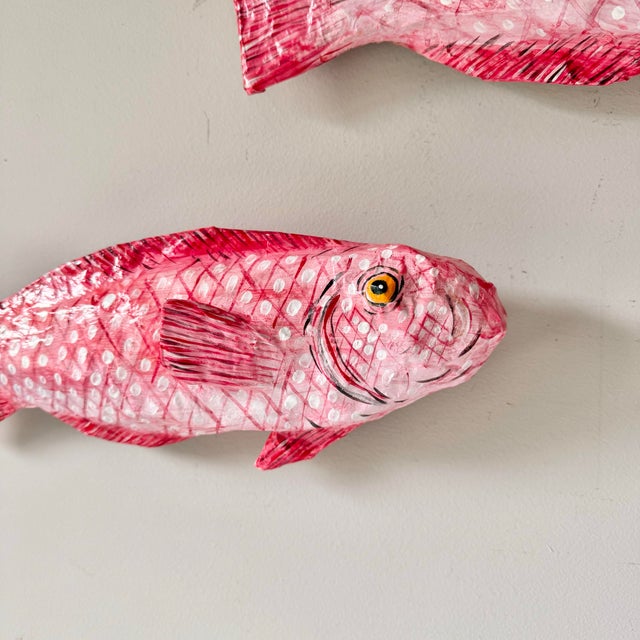 Rustic European Pink Folk Art Paper Mache Hanging Fish- a Pair For Sale - Image 3 of 9