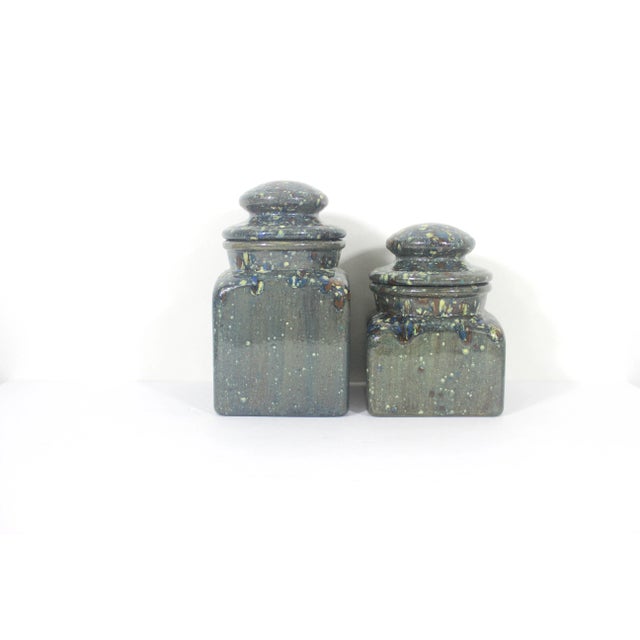 Ceramic 1960s Vintage Ceramic Drip Glaze Mid-Century Modern Kitchen Canisters Set of 2 Lidded Pots For Sale - Image 7 of 8