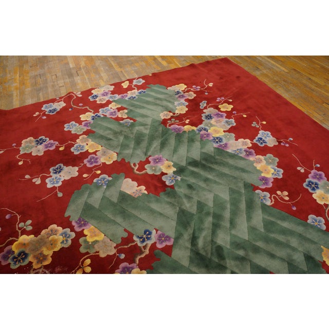 Art Deco 1920s Red Claret Abstract Floral Antique Chinese Art Deco Rug 10'x17' 6" Handknotted Wool Carpet For Sale - Image 3 of 5