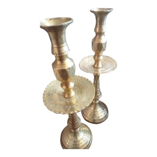 Vintage 14" Brass Moroccan Candle Sticks. Set of 2 For Sale
