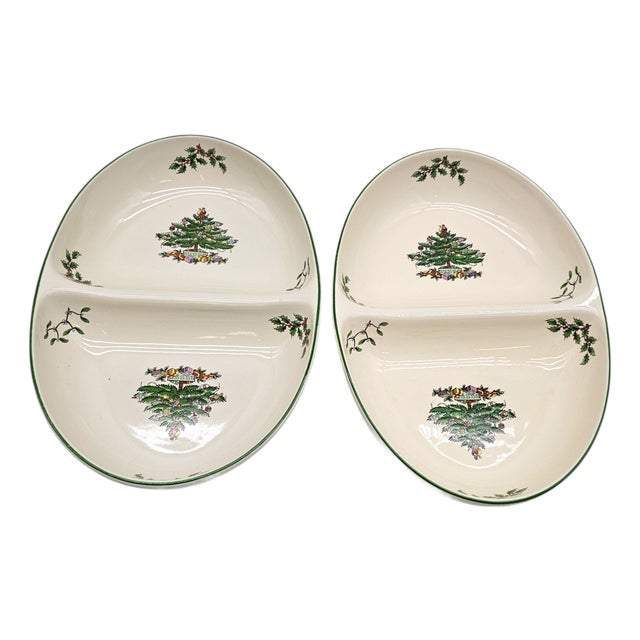 Spode Christmas Tree Porcelain Divided Relish Dish Pair England 11.25" For Sale