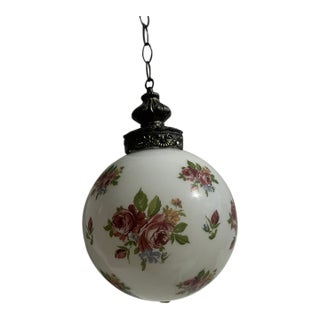 1970s Victorian Revival Floral Pattern Milk Glass Pendant Light For Sale