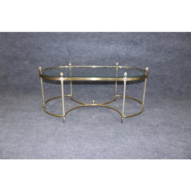 Oval Brass French Maison Jansen Style Pineapple Finial Directoire Coffee Table For Sale In Philadelphia - Image 6 of 9