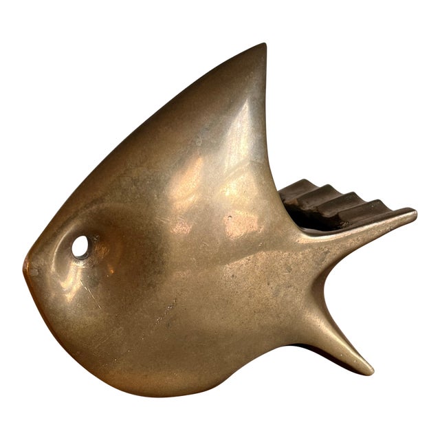Mid Century Modern Solid Brass Fish Sculpture Ashtray For Sale