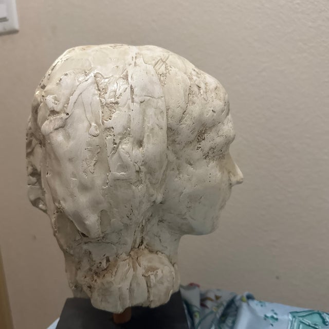 Early 20th Century Hand-Sculpted Figurative Plaster Bust on Wooden Base For Sale In Minneapolis - Image 6 of 12