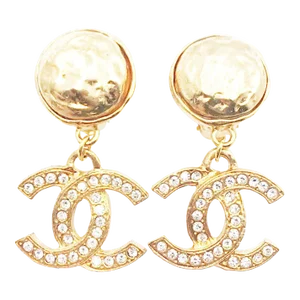 Chanel Vintage Gold Plated Round Texture CC Crystal Dangle Clip on Earrings - 2 Pieces