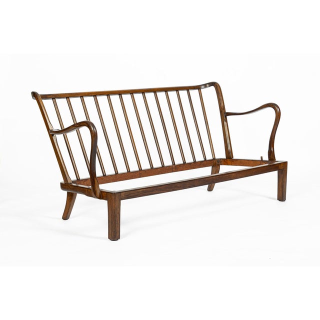Danish Modern Solid Walnut Spindle Back Sofa in Schumacher Fabric, Circa 1960 For Sale - Image 14 of 18