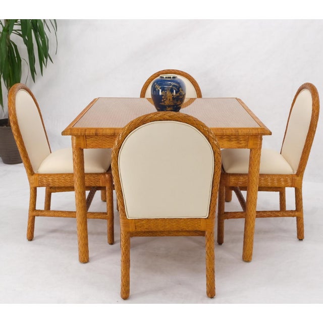 Leather Basket Weave Wicker Style Square Dining Room Table 4 Chairs Glass Top For Sale - Image 6 of 18