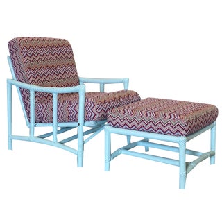 Set of Lacquered Bamboo Armchair and Stool, 1970s For Sale