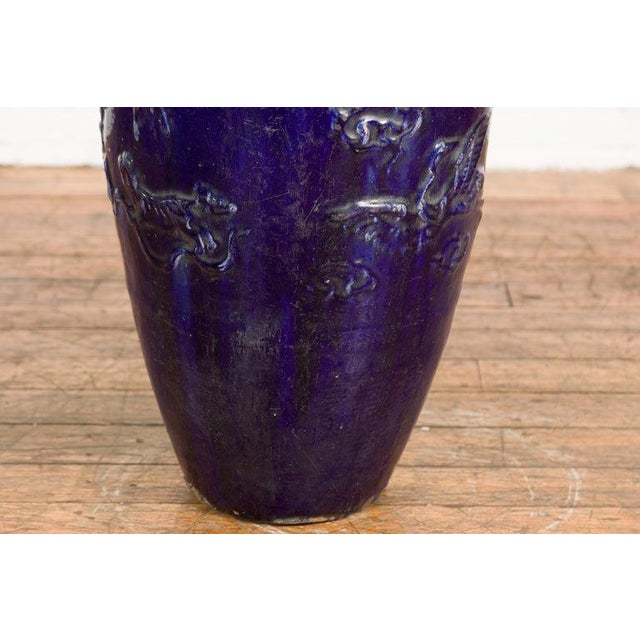 Ceramic 19th Century Large Antique Thai Cobalt Blue Martaban Jar with Raised Motifs For Sale - Image 7 of 12