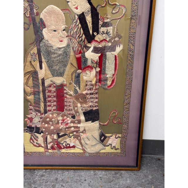 Late 20th Century Shou Lao + Deer Silk Vintage Embroidery, Framed For Sale - Image 5 of 12