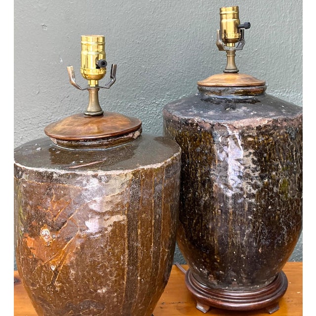 Mid 20th Century Vintage Boho Glazed Ceramic Lamps - Set of 2 For Sale - Image 5 of 18