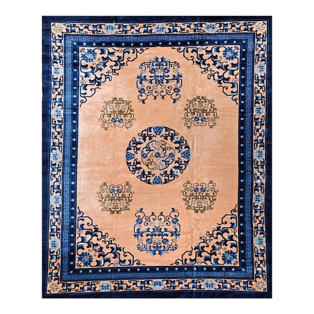 Early 20th Century Art Deco Chinese Rug, Handwoven Wool Pile, Apricot & Navy, Lotus Motif, 8' x 11' For Sale