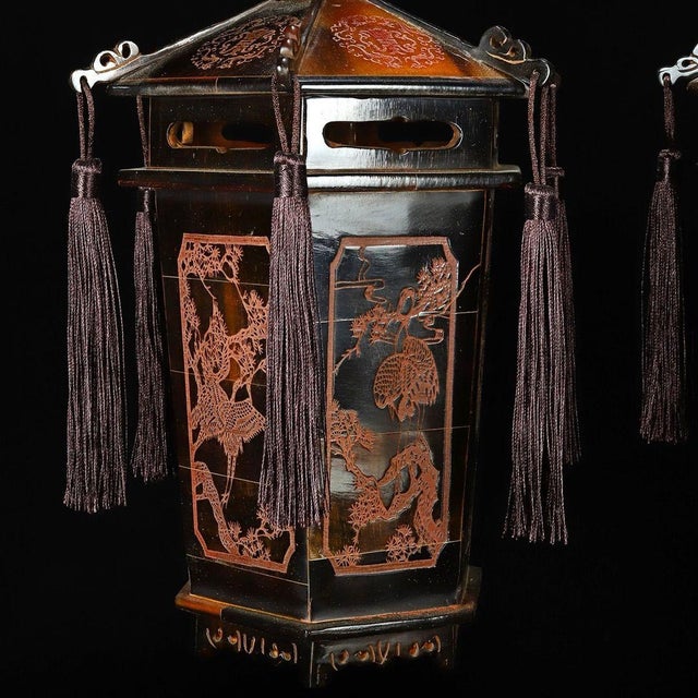 Brown Pair of Vintage Carved Horn Hexagonal Lantern Ornaments With Stands For Sale - Image 8 of 9