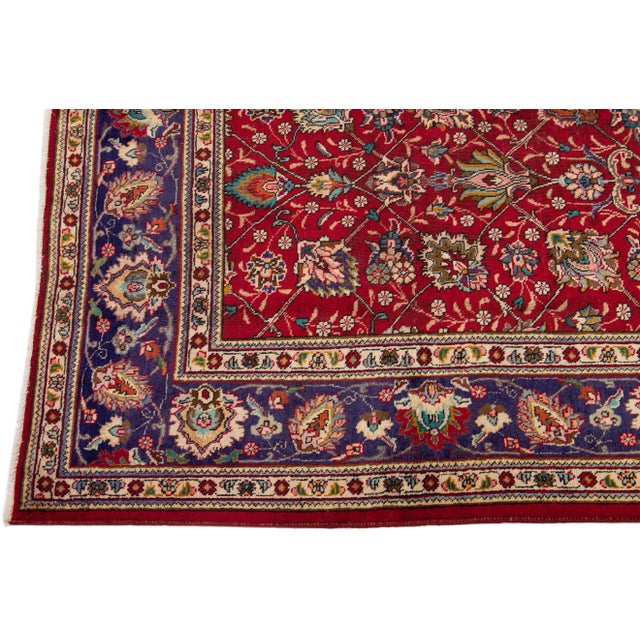 1960s Vintage Persian Tabriz Handmade All-Over Red Wool Rug For Sale - Image 4 of 7