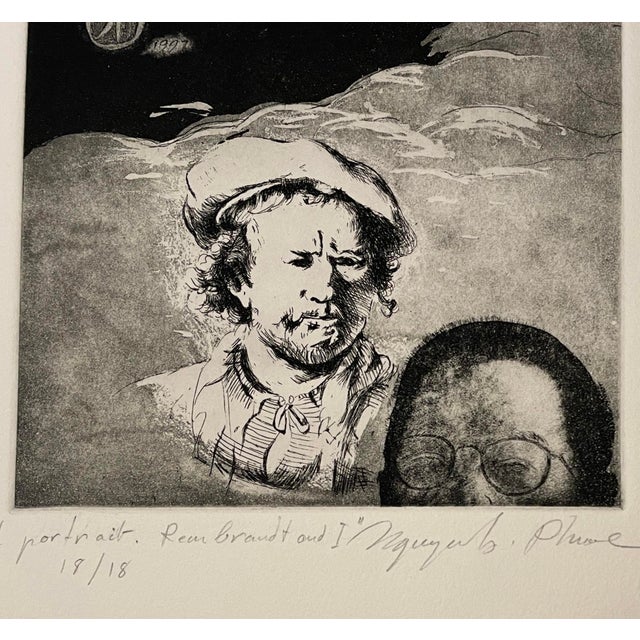 1997 etching by Vietnamese artist Nguyen Phuoc (born 1943) "Self Portrait, Rembrandt and I" pencil signed, dated and...