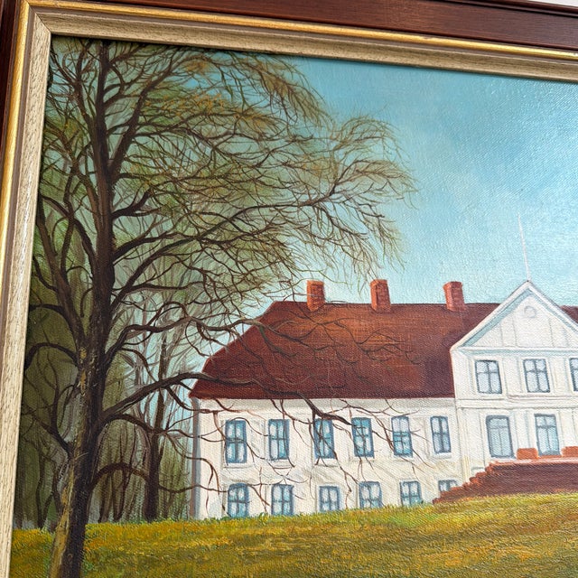 Brown Danish Manor House, Framed Oil on Canvas For Sale - Image 8 of 11