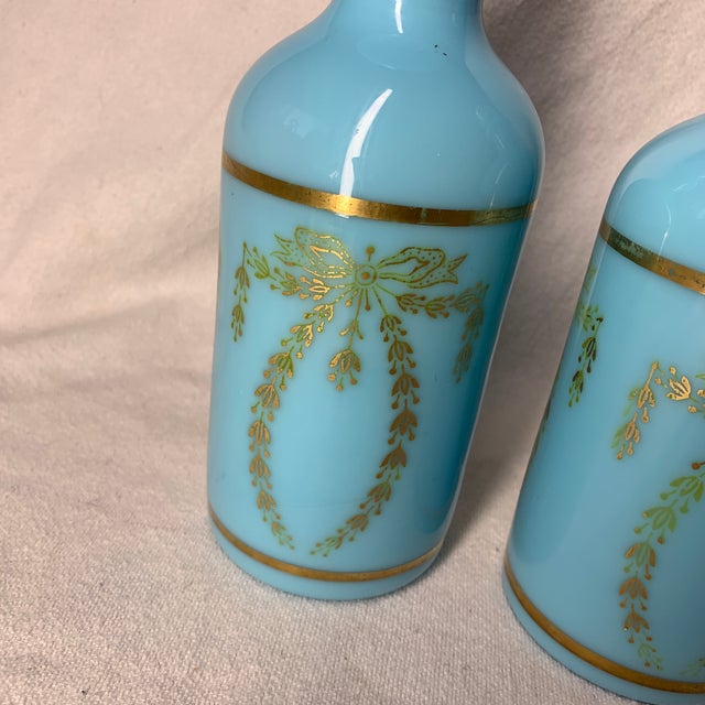 Farmhouse Vintage French Portieux Vallerysthal Blue Opaline Glass Vanity Bottles - Pair For Sale - Image 3 of 6