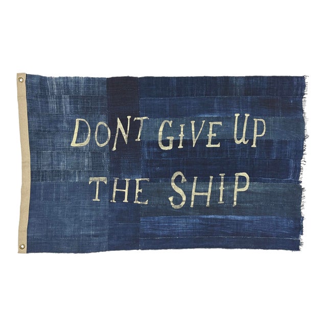 Large Patchwork Indigo Flag, Don't Give Up the Ship, Unique For Sale