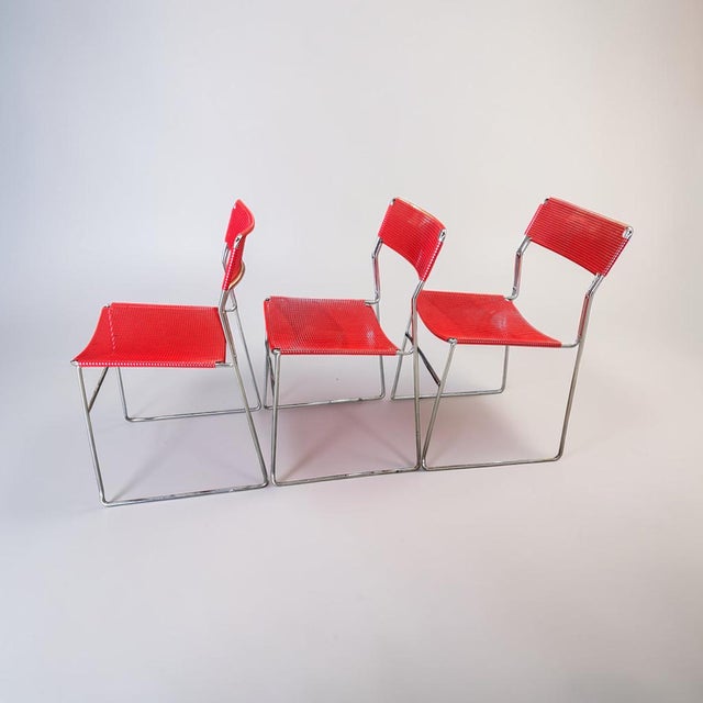 1960s Vintage 1970s Red Perforated Mesh & Chrome Stacking Dining Chairs – Set of 3 For Sale - Image 5 of 10