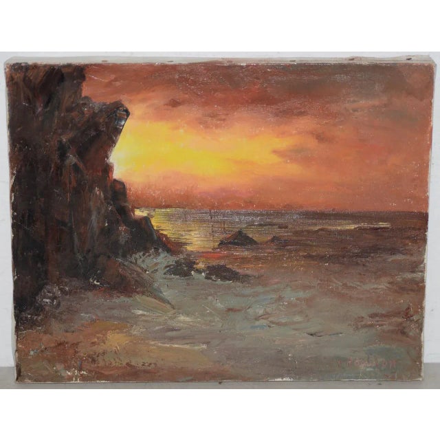 Brick Red Irina Roublon Belotelkin (January 1, 1913 – January 21, 2009) "Coastal Sunset" Oil Painting C.1960s For Sale - Image 8 of 8