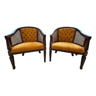 Pair of 1970s Golden Ochre Cane-Back Armchairs With Tufted Upholstery For Sale