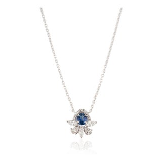 Vintage-Inspired Blue Sapphire & Diamond Floral Pendant Necklace 14k White Gold For Sale
