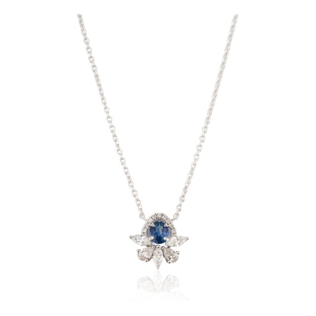Vintage-Inspired Blue Sapphire & Diamond Floral Pendant Necklace 14k White Gold For Sale