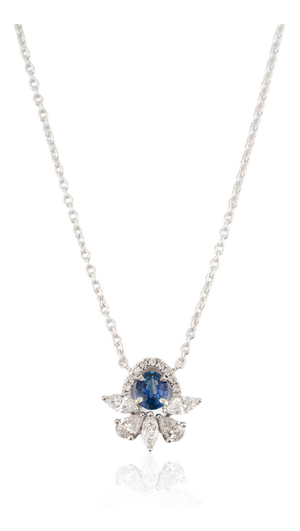 Vintage-Inspired Blue Sapphire & Diamond Floral Pendant Necklace 14k White Gold