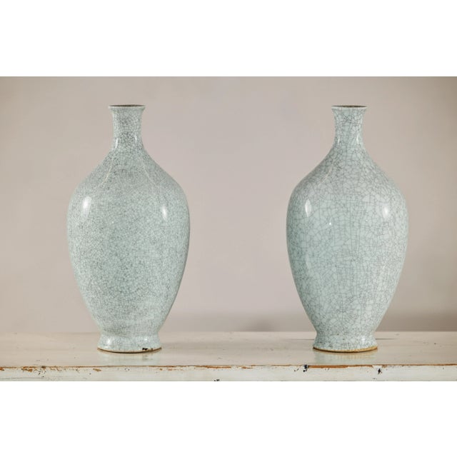 Dark Gray Light Grey Celadon-Glazed Porcelain Vases with Fine Crackle Pattern - A Pair For Sale - Image 8 of 12