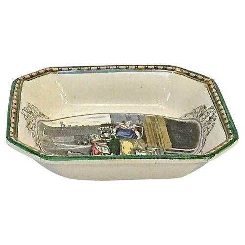 Ceramic dish with a hand-colored transferware scene illustrating maidens carrying milk. Titled "Cries of London" at the...