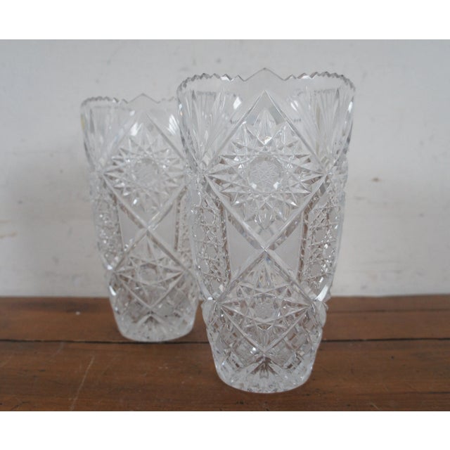 Bohemia Mid 20th Century Czech Bohemian Hand Cut Crystal Queen Lace Sawtooth Flower Vases Pair For Sale - Image 4 of 12