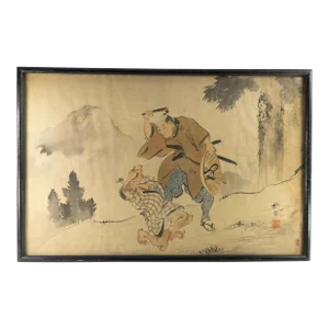 19th Century Japanese Meiji Silk Painting of Samurai and Oni Demon, Signed