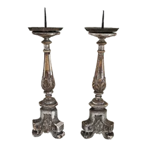 19th Century Italian Hand Carved Wood Pricket Sticks - a Pair
