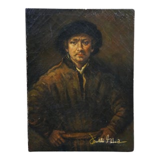 Vintage Oil Painting Self Portrait After Rembrandt Canvas Signed 16" For Sale