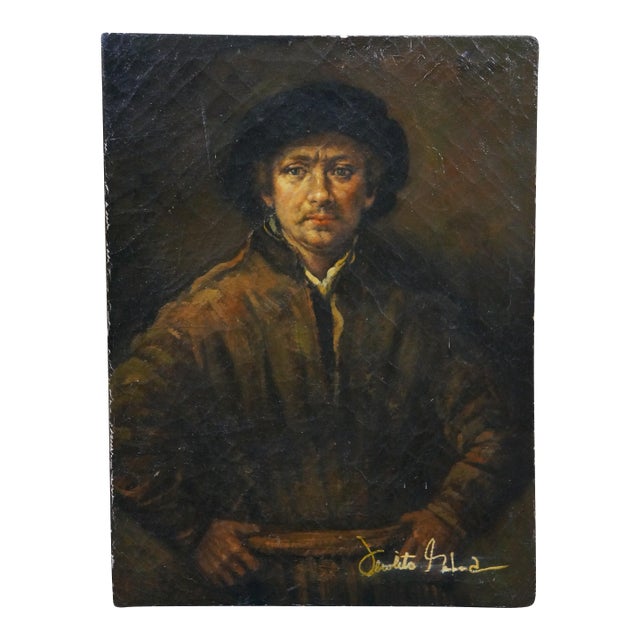 Vintage Oil Painting Self Portrait After Rembrandt Canvas Signed 16" For Sale