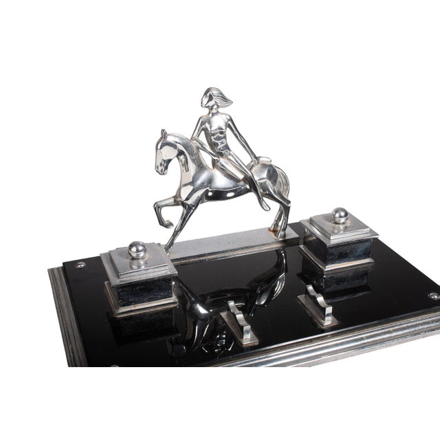 Early 20th Century Early 20th Century French Art Déco Metal Desk Tidy With Woman Horseriding, Pen Holder and a Pair of Inkwells For Sale - Image 5 of 8