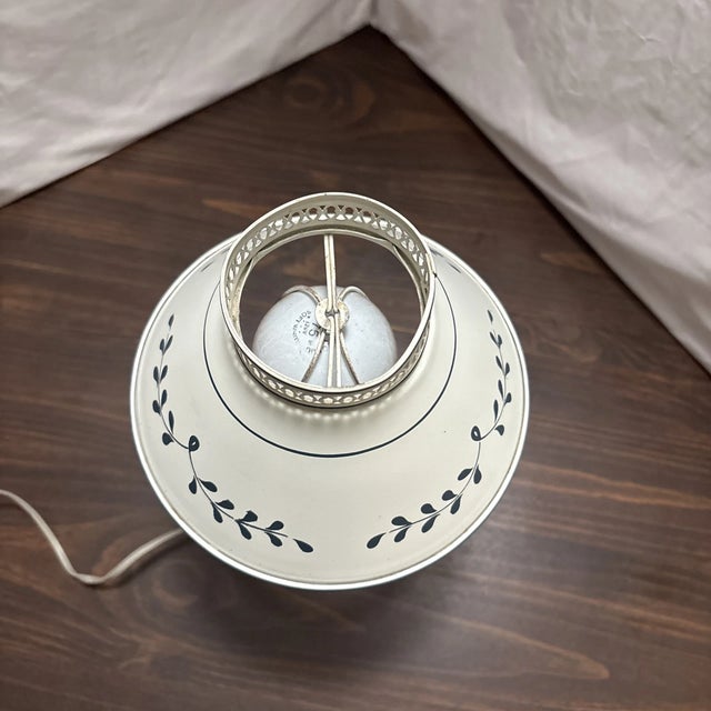 Vintage Toleware White W/ Blue Leaf Shade Metal Table Lamp For Sale - Image 4 of 10