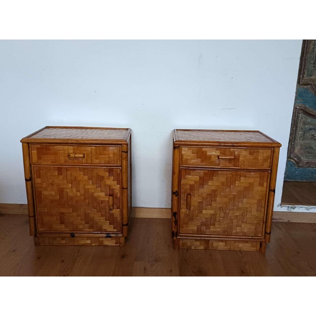 Pair of pressed bamboo nightstands, Italian-made from the 1970s, in very good condition. They are compact and very...
