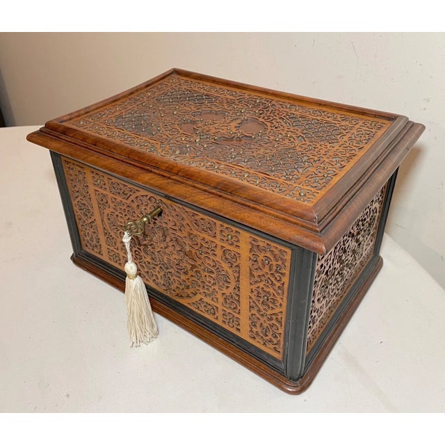 Wood High Quality 1800's Antique Handmade Carved Wood Ornate Brass Jewelry Box Casket For Sale - Image 7 of 16