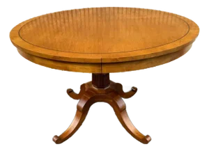 Vintage Biedermeier Style Fruitwood Pedestal Inlaid Round Dining Table With 3 Leaves