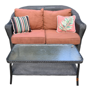1990s Timeless Wicker Loveseat and Cocktail Table in the Manner of Lloyd Flanders