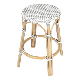 Tobias 24 in. Seat Height Round Rattan Backless Counter Stool, White/Gray Dot / Natural Rattan Frame For Sale
