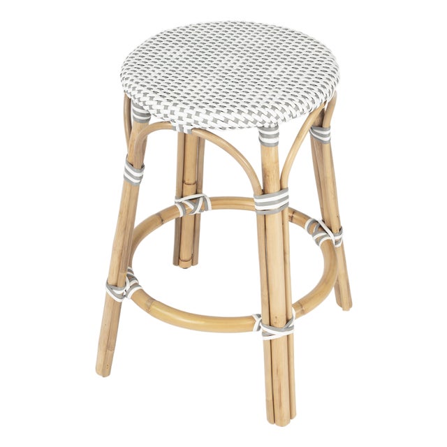 Tobias 24 in. Seat Height Round Rattan Backless Counter Stool, White/Gray Dot / Natural Rattan Frame For Sale