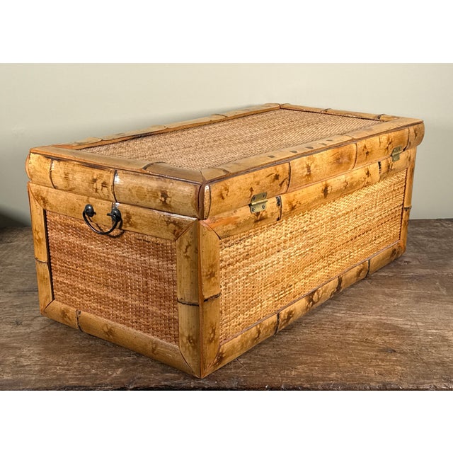 Tan Vintage Bamboo and Woven Rattan Storage Trunk Chest For Sale - Image 8 of 8