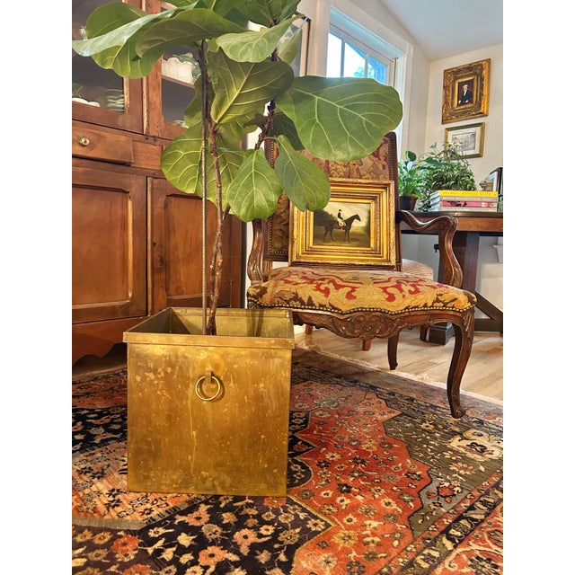 Contemporary 1970s Contemporary Solid Brass Square Jardinière /Planter With Ring Handles, 14” For Sale - Image 3 of 10