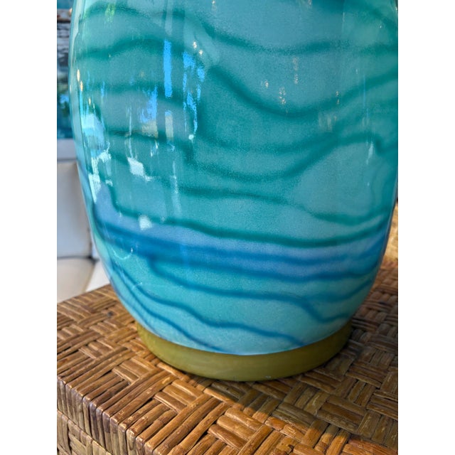 Vintage Pair Ceramic Watercolor Blue Green Modern Coastal Table Lamps Rewired For Sale - Image 4 of 12