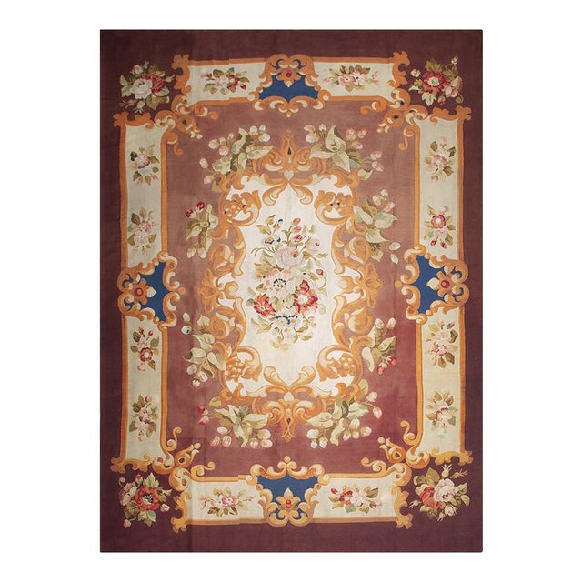 1840s Antique Beige Classic Floral European Aubusson Flatweave Wool Carpet Rug For Sale