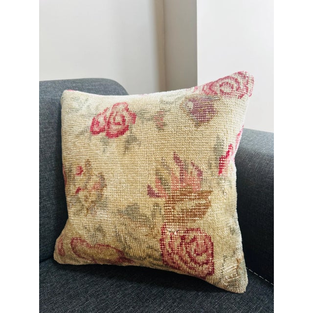 Textile Vintage Turkish Rug Pillow Cover, Handwoven Wool Isparta Floral Cushion, One of a Kind Boho Pillow, 16x16 In For Sale - Image 7 of 11