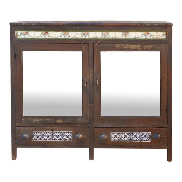 Antique Goa Colonial Tile & Glass Cabinet For Sale